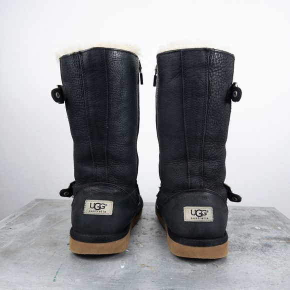 UGG Kensington Black Leather Biker Moto Boot Fur Lined - Picture 6 of 9